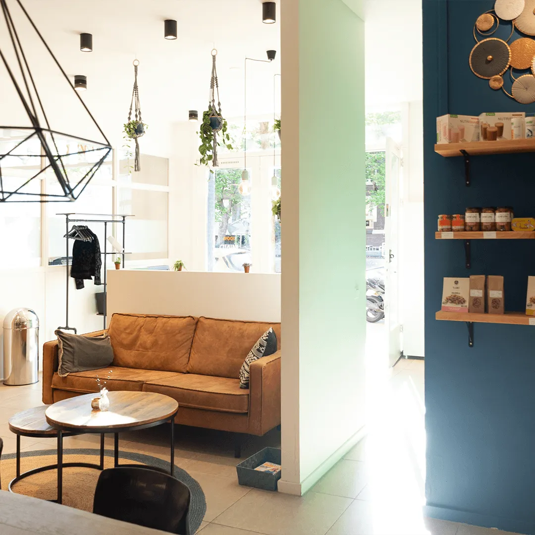 The seating area with sofa and shelves of healthy products